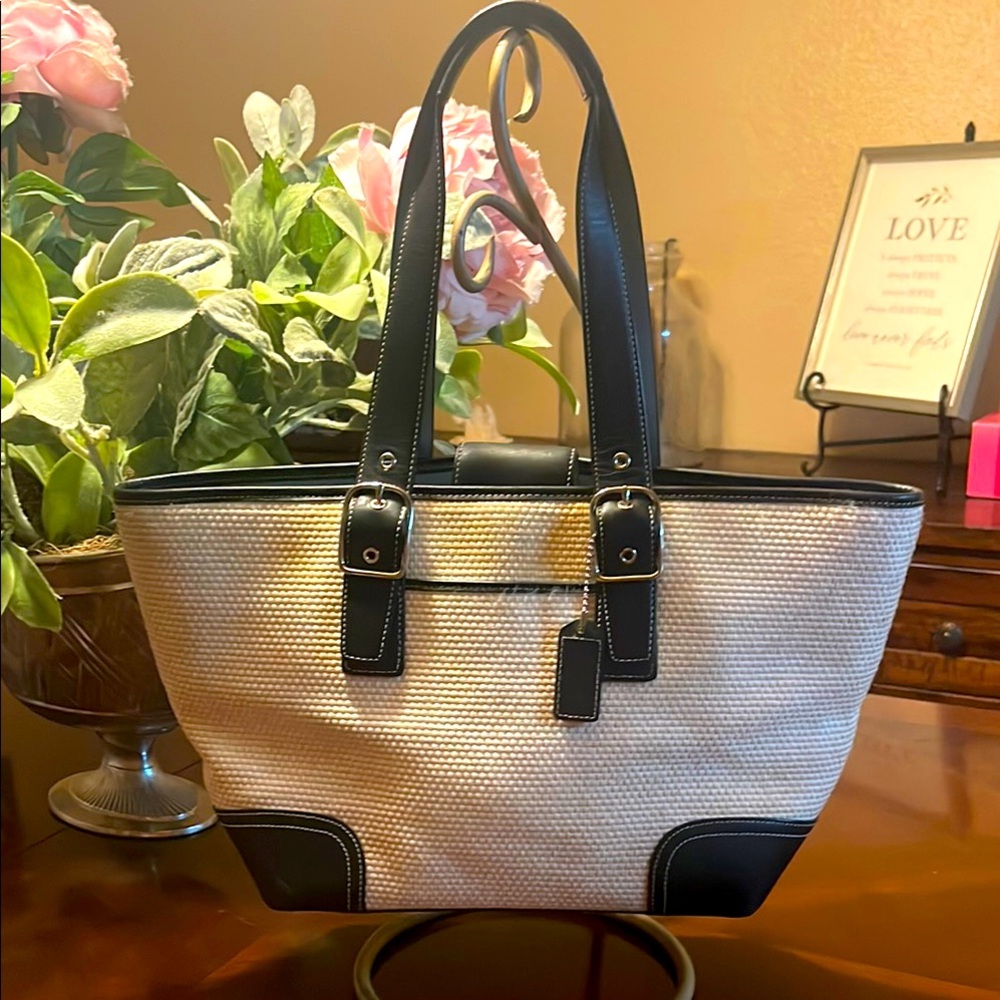 Coach bag Black and Cream Tote Bag. Fabric and leather